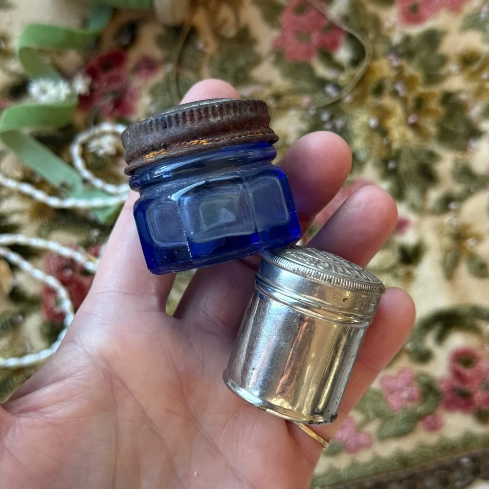 Antique Noxema Blue Glass Jar & Colgate Co. Shaving Stick Silver Tin Set